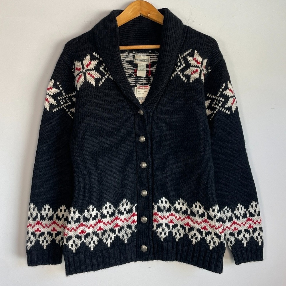 Vtg Prides Landing Wool Fair Isle Nordic Knit‎ Cardigan Small Shawl Neck Chunky